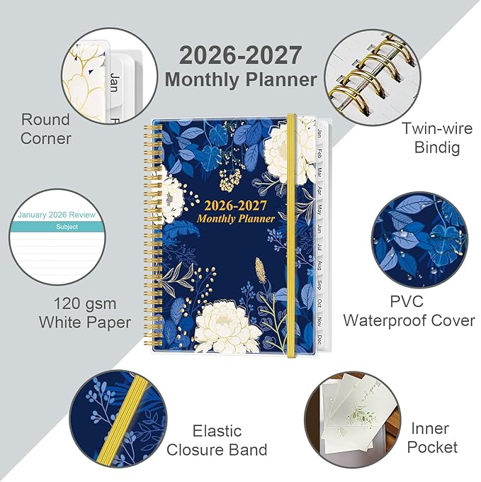 2026-2027 Monthly Planner - 18 Monthly Calendar, January 2026 - June 2027, Two Pages Per Month, 9" x11" Planner with Tabs, Strong Twin-Wire Binding, Inner Pocket, Blue Leaf Flower