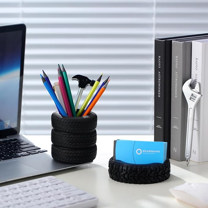 Eersida 4 Pcs Tire Shape Stationery Set Tire Shaped Pen Holder Automotive Business Card Organizer Tool Ballpoint Pens for Man Desk Office School Cool Mechanic Gifts Car Lovers Accessories