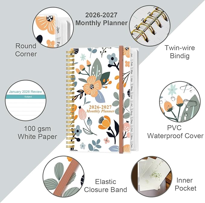 2026-2027 Monthly Planner - January 2026 - June 2027, Two Pages Per Month, 18 Monthly Calendar/Planner with Tabs, Strong Twin-Wire Binding, Inner Pocket, 3.75" x 6.5", Flowers