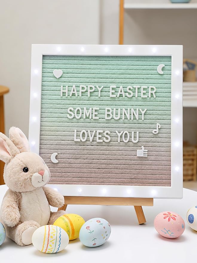 Changeable Felt Letter Board with LED Lights - 10×10" Message Custom Signs & Wood Stand & 450 Letters, Poster Board for Easter/Baby/Pregnancy Announcement/Classroom Wall Decor Gifts, Gradient