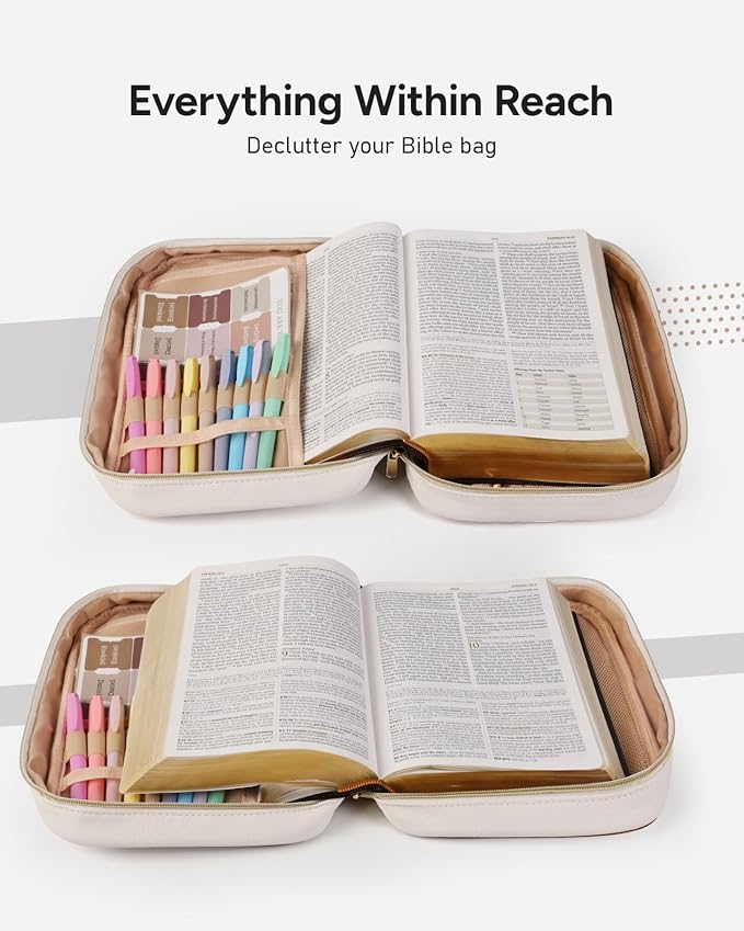 BellaHold Quilted Vegan Leather Bible Cover, Color-Blocked Bible Cover Case for Women, Bible Carrying Case with Handle, Bible Study Supplies & Christian Gift for Women and Girls (White & Brown, TS/S)