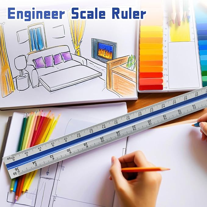 Biaungdo 3 Pack Architectural and Engineer Scale Ruler Set, 12 Inch Aluminum Triangular Drafting Tool, Laser-Etched Architect Scales Ruler for Draftsman, Standard Metal Ruler Included, Color-Coded