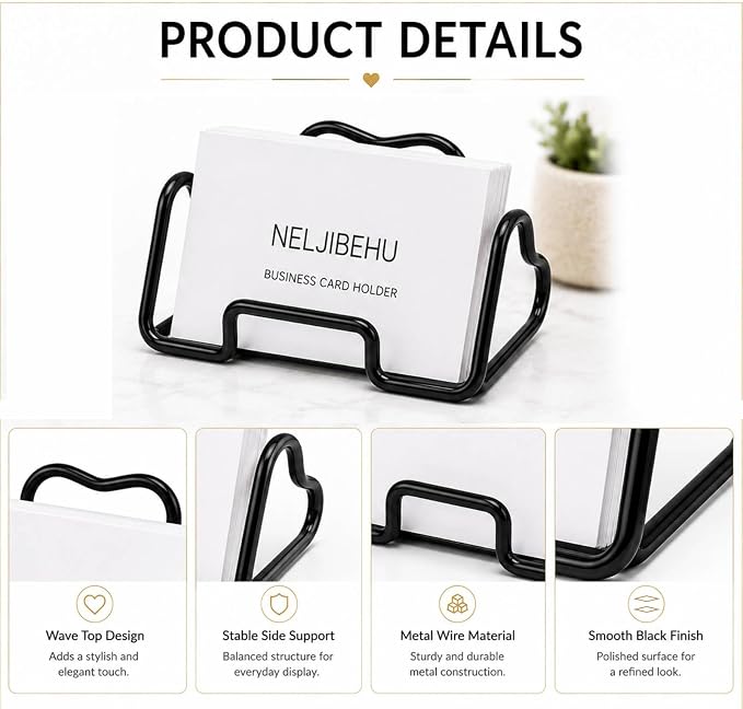 Heart Business Card Holder for Desk, Metal Business Card Stand Organizer, Cute Desktop Display for Name Cards, Photos and Notes, Office Reception Wedding Table Decor (black)