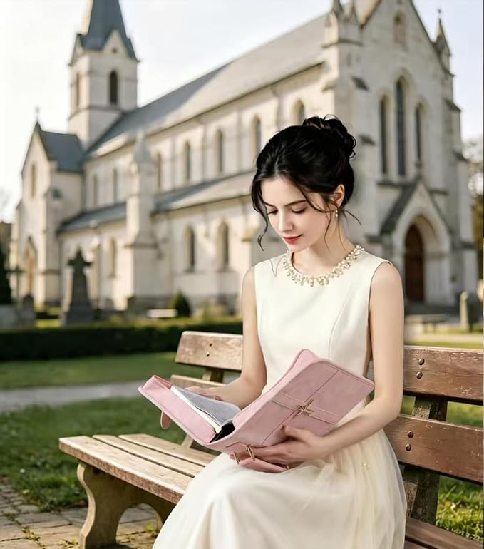 Vegan Leather Bible Cover for Men & Women, Bible Case with Gift Box, Christian Catholic Religious Bible Gifts (Pink)