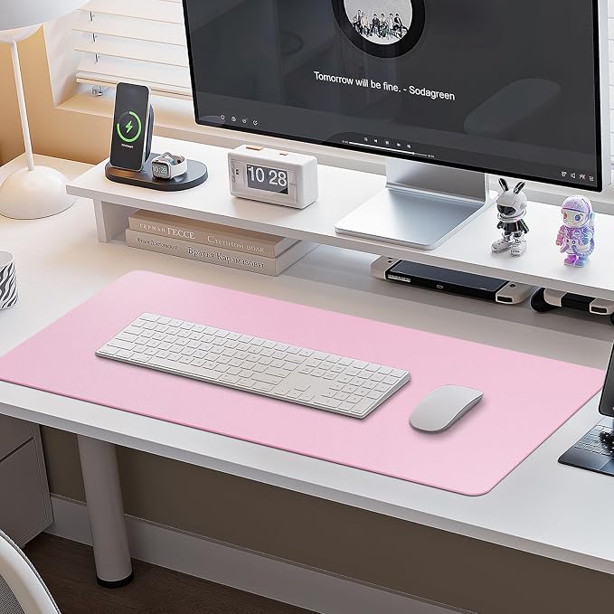 Boutilon Leather Desk Pad Protector,Non-Slip Mouse Pad,Laptop Desk Pad,Office Mouse Mat,Waterproof Leather Desk Blotter,Desk Writing Pad for Office and Home (M-Baby Pink,30"x14")