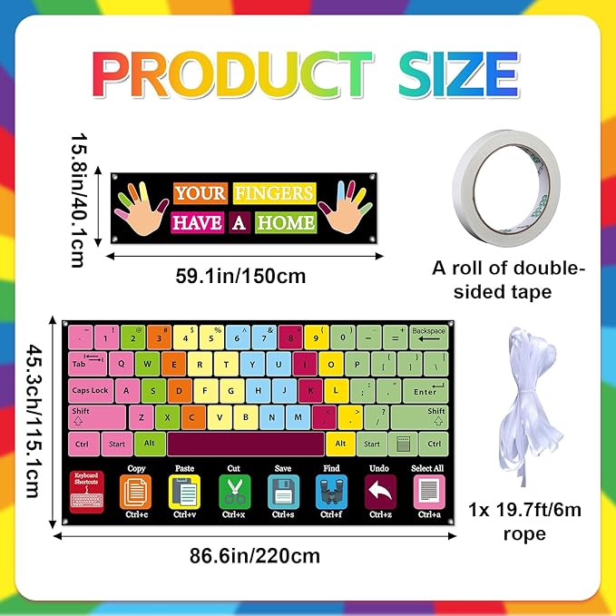 2Pcs Computer Keyboard Backdrop Keyboard Shortcuts Hanging Banner Computer Lab Wall Art Educational Technology Background for Back to School Classroom Decor Elementary Middle School Teacher Supplies