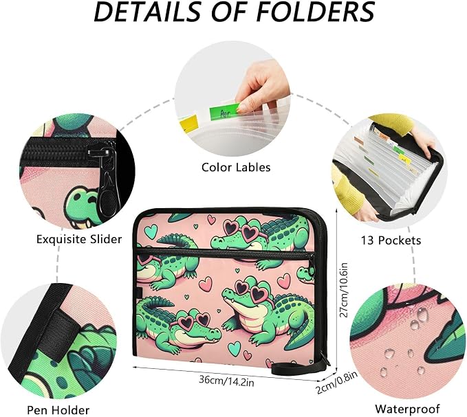 Expanding File Folder Alligator Crocodiles Pink Accordion File Organizer 13 Pockets Document Organizer with Zipper Labels A4 Letter Office Storage
