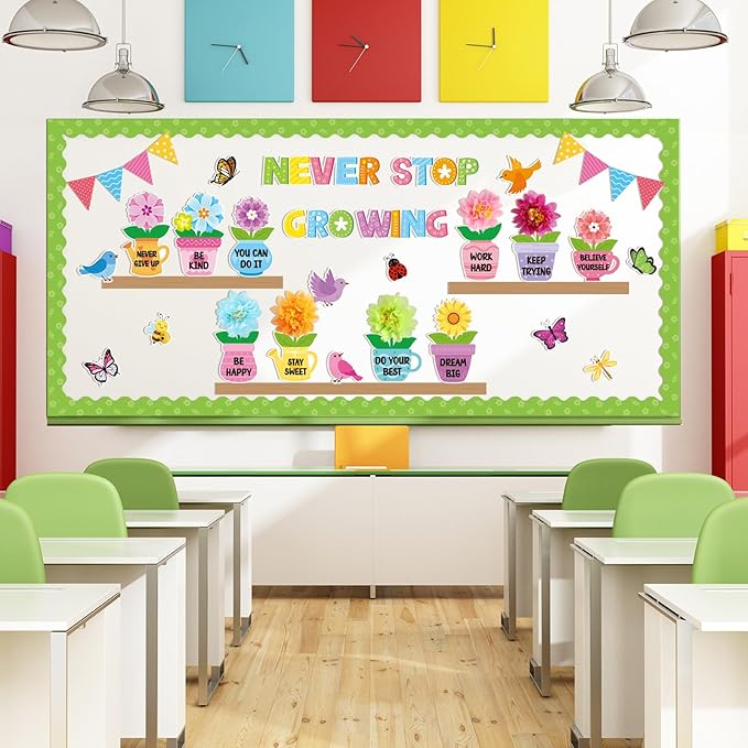 75 Pcs Spring Flower Bulletin Board Decorations Set 3D Flower Flowerpot Cutouts Decor Never Stop Growing Inspirational Bulletin Board Decoration for Classroom School Office Chalkboard Door Party Decor