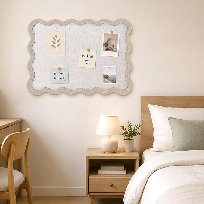 Scalloped Felt Bulletin Board, Sized 24" x 18" Felt Cork Board Alternative for Office & Wall Decor, Customizable Adhesive Tiles with Pins Hooks for Photo Display School Home Office, Oatmeal
