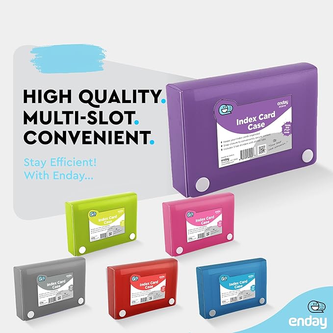 Enday Index Card Holder Purple, 3x5 Note Flash Card Organizer Case, File Box with 5 Dividers, Notecard Box Holds 100 Cards, Also Available in Red, Blue, Green, Pink, Grey, 4 Pack