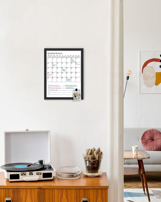 Dry Erase Calendar for Wall, 17x13 inches Magnetic Surface Calendar Whiteboard, 2-in-1 Planner, Vertical Layout to Do List with Black Wooden Frame(YL-SHU-BK,4333)