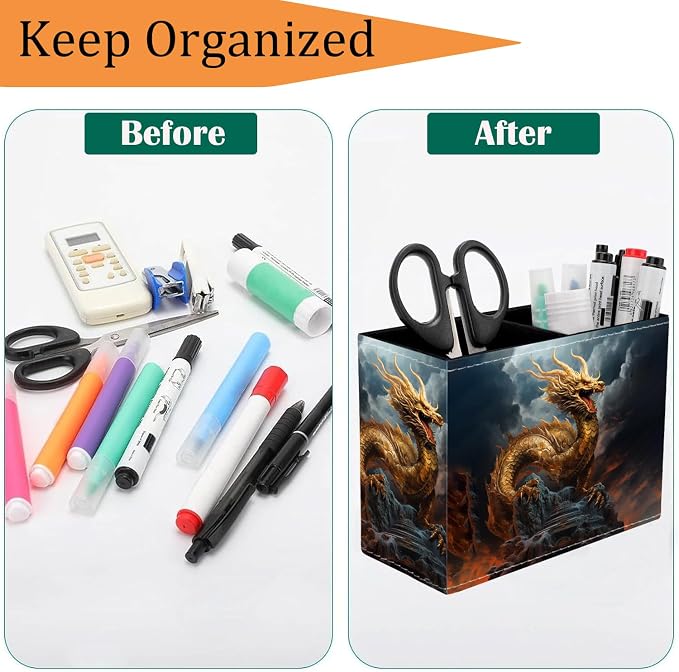 Pen Holder for Desk, PU Leather Multifunctional Desktop Storage Box and Anti-Slip Mouse Pad Set, Makeup Brush Holder Pen Organizer for Office and Home - Golden Dragon