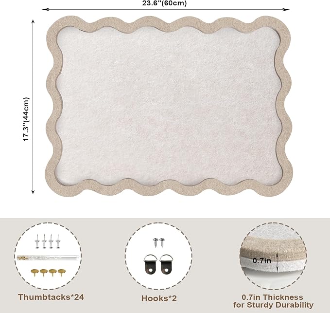 Scalloped Felt Bulletin Board, Sized 24" x 18" Felt Cork Board Alternative for Office & Wall Decor, Customizable Adhesive Tiles with Pins Hooks for Photo Display School Home Office, Oatmeal