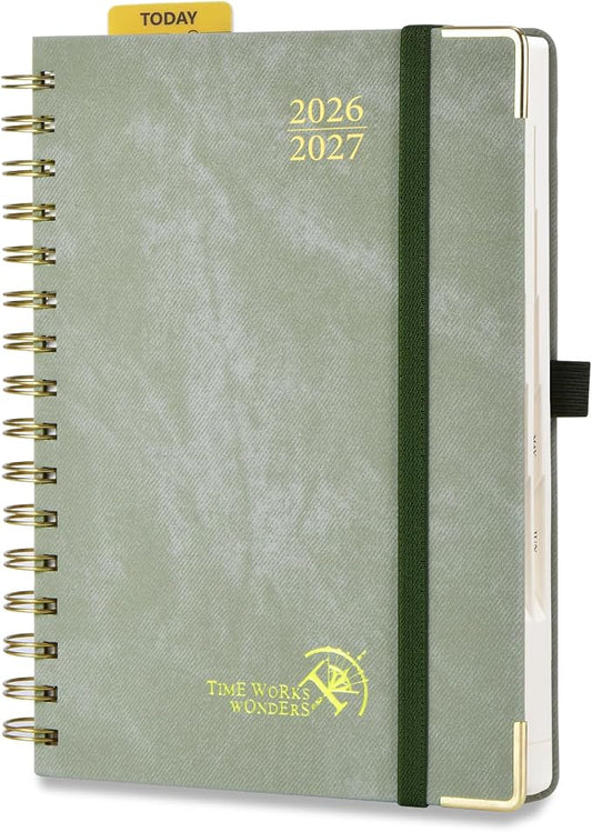 POPRUN Daily Planner 2026-2027 One Page Per Day (6" x 8.5"), 12 Months Hourly Appointment Book (July 26-June 27) Academic Planner Calendar Book with Inner Pocket, Spiral Hardcover - Olive Green