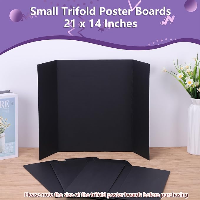 AKONEGE 4 Pack Small Trifold Poster Board 21" x 14" Tri Fold Poster Boards Black Corrugated Cardboard Project Boards for Presentations, School Projects, Science Fair, Exhibition Event Display