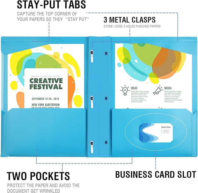 Heavy Duty Plastic Folder with Clear Front Pocket and Prongs -6 Pack, Assorted Colors 3 Prong Folders with Pockets and Card Slot for Letter Size Paper