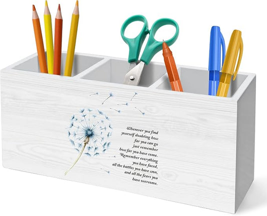 Dandelion Inspirational Pen Holder for Desk Decoration, Positive Quotes Wooden Box Sign Pencil Holder Organizer for Home Office Desk Accessories, Inspirational Gifts for Women Coworkers