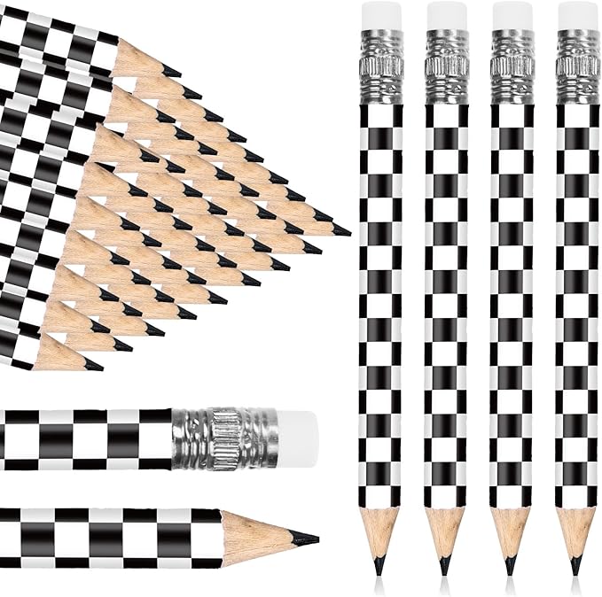 FYSUIMU 50Pcs Checkered Racing Car Half Golf Pencils with Eraser Racing Flag Pre Sharpened Short Writing Pencil for School Office Stationery Supplies, 4 Inch