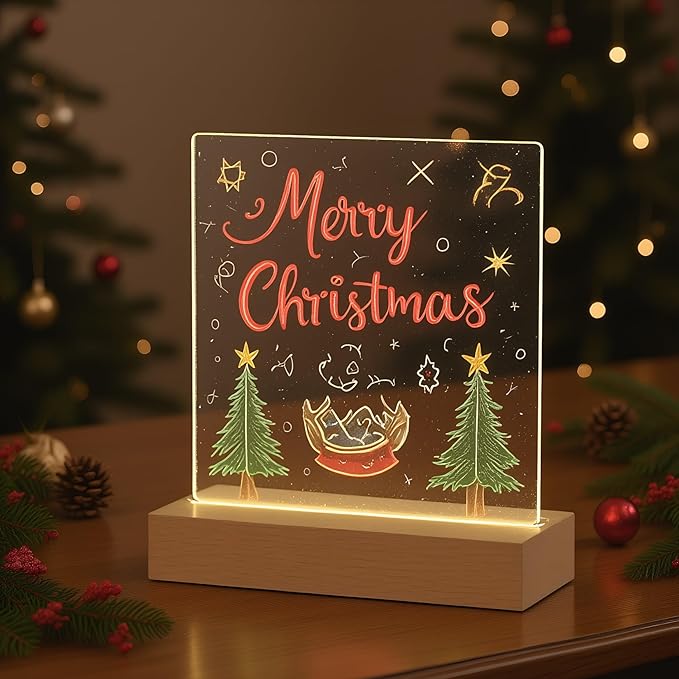 5.9 x 5.9 Inch Warm LED Message Note Board with Colors, Clear Acrylic Light Up Dry Erase Drawing Writing Board with Stand