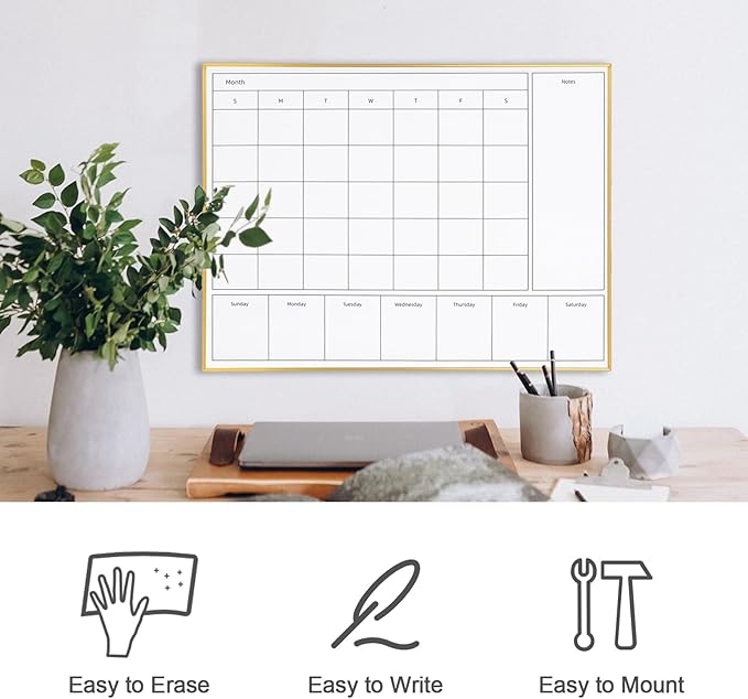 3-in-1 Dry Erase Calendar for Wall with Golden Aluminum Frame, 17x 13 inches Magnetic Monthly & Weekly Calendar Whiteboard, Dry Erase Board for Wall for Decor/Memo(YL+ZL-Gold,4333)