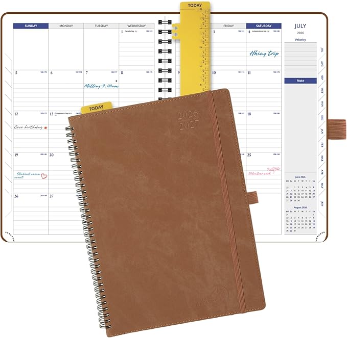 POPRUN 2026-2027 Monthly Planner, Large Size 8.25" x 11.75", from April 2026 - July 2027, Softcover Agenda Calendar, Appointment Book with PU Leather, Spiral Bound, Monthly Tabs, Inner Pocket - Brown