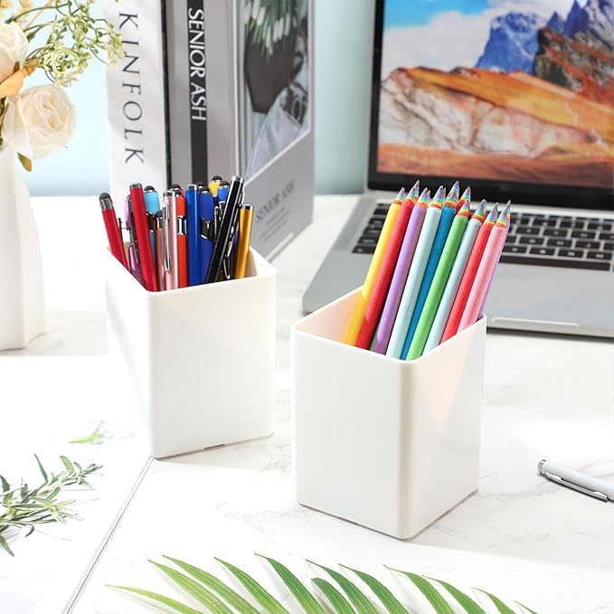 Jutom 8 Pcs White Acrylic Pen Holder for Desk, Pencil Cup Bulk Makeup Brush Storage Organizer, Desktop Pencil Cup Stationery Desktop Stationery Organizer for Office School Home Supplies