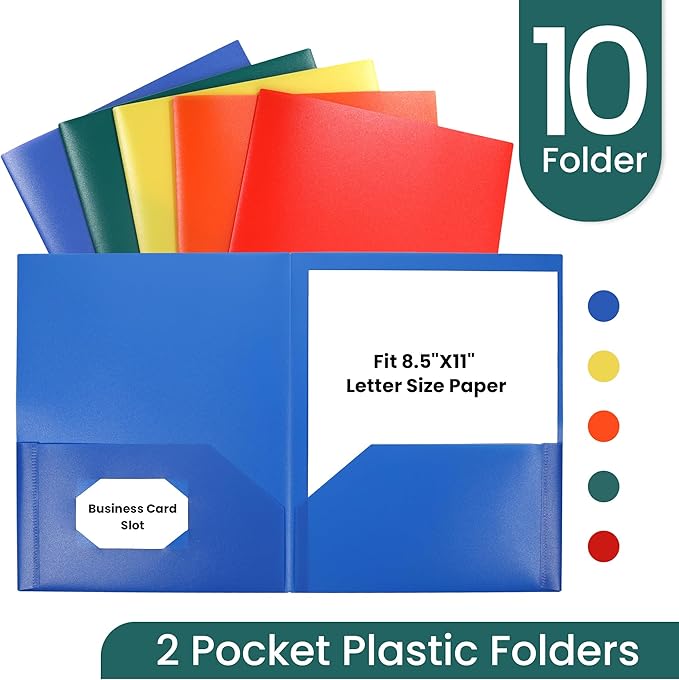 GNL Plastic Folders with Pockets, Pack of 10, Colored Heavy Duty 2 Pocket File Folders Letter Size, Pocket Folders for School, Home, and Office