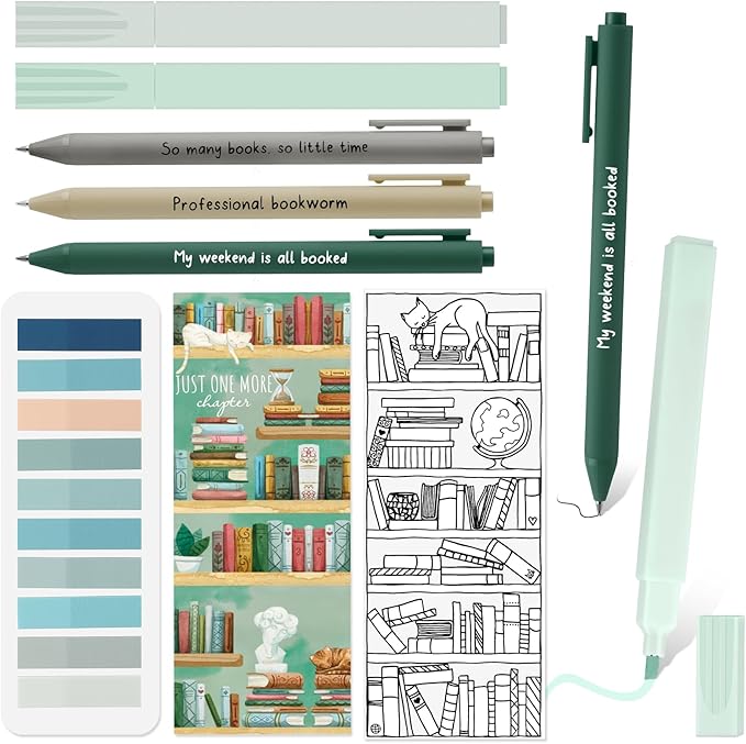 Spakon 7 Pcs Book Lovers Gifts for Readers Bookish Book Annotation Kit Aesthetic Pastel Highlighters No Bleed Gel Pens Reading Tabs Bookmark for Women Library Student Bible(Green Series)