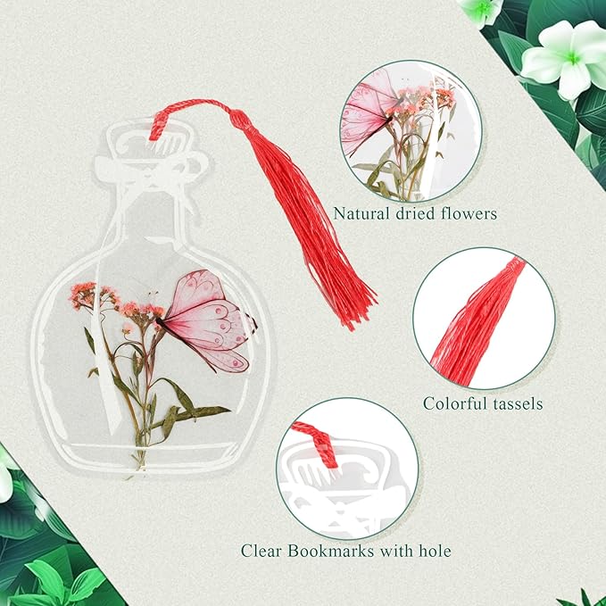 TaoBary 152 Pcs DIY Transparent Dried Flower Bookmark Set Handmade DIY Bookmarks with Dried Pressed Flowers Leaves Butterfly Stickers Colorful Tassels and Tweezers for Reader Writer(Rainbow Color)