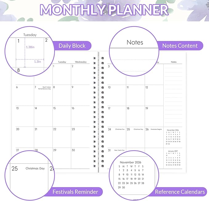 Monthly Planner 2025-2027, Monthly Calendar July 2025 - December 2027, A5 Planner 2025-2026 with Coil, 5.9'' x 8.4'', Perfect for Office School Supplies Organizing Planning - Purple
