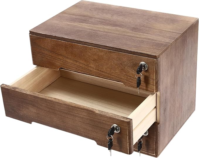 Wooden Storage Box with 3 Drawers, Vintage Office Supplies and Accessories Letter Tray, Wood Desktop School Supply Organizer, Library Card Catalog Cabinet, Rustic Jewelry Box with Lock