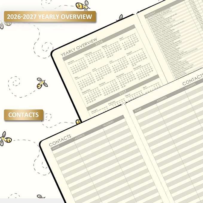 2026-2027 Planner - Planner 2026-2027 Weekly and Monthly with Calendar Stickers, JUL 2026 - JUN 2027, 5.75" x 8.25", Saffiano Leather, Pen Loop, Back Pocket - Black Bee