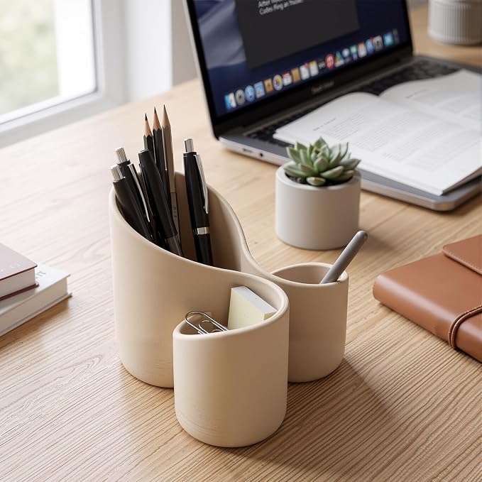 Aesthetic Desk Organizer Boho Pen Holder Modern Pencil Holder Beige Plastic Makeup Brush Organizer for Office Desk Accessories Stylish Home Office Art Decor Supplies (3 Slots)
