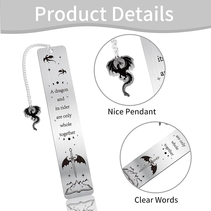 Dragon Metal Bookmark for Men, Fantasy Book Marks for Reading Men Women, Cool Dragon Page Marker with Chain Charm, Bookish Gifts Merch for Readers School Office Supplies