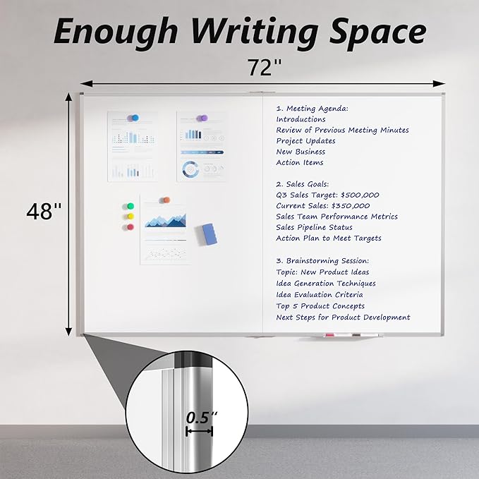 Magnetic White Board Dry Erase Board for Wall, 72" x 48" (6' X 4') Wall-Mounted Large Giant Whiteboard for School, Classroom, Office & Home