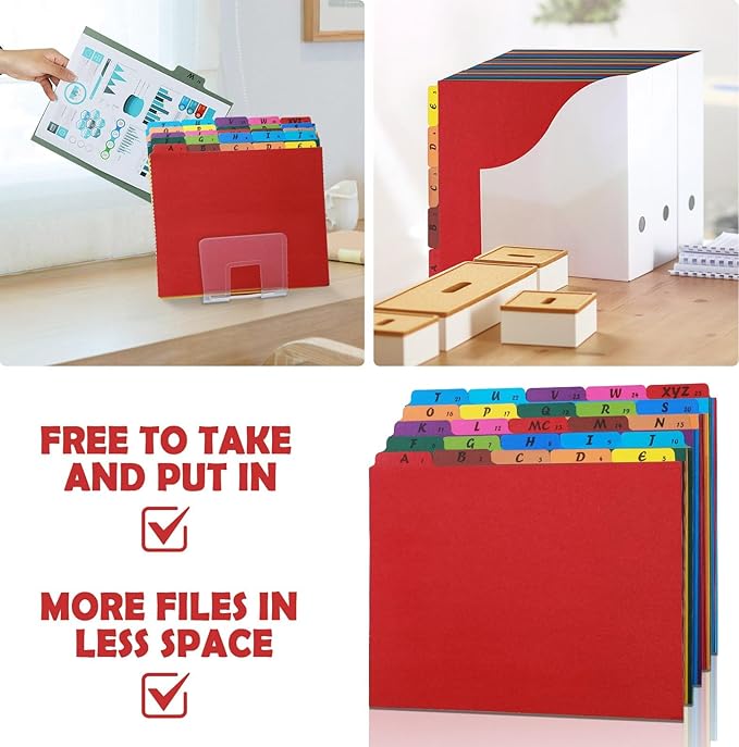 1 Set 25 Alphabet File Dividers A-Z Top Tab File Guides Letter Size 1/5 Cut Tab Manila Alphabetical File Organizer File Cabinet Dividers for Work Office Home School and Desk Organizer (Colorful)