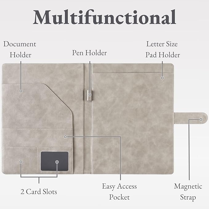 Mymazn Padfolio Portfolio Folder, Faux Leather Interview Resume Folder with Document Organizer & Business Card Holder, Letter-Sized Notepad Legal Pad Holder for Men Women (Grey)