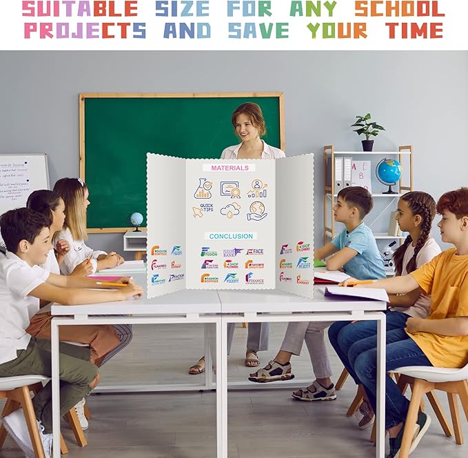 Teling 40 Pcs Trifold Poster Board 36" x 48" Large Science Fair Display Board Lightweight Fold Presentation Paperboard 8 Trifold Display Paperboard and 16 Letter Stickers and 16 Pcs Science Titles