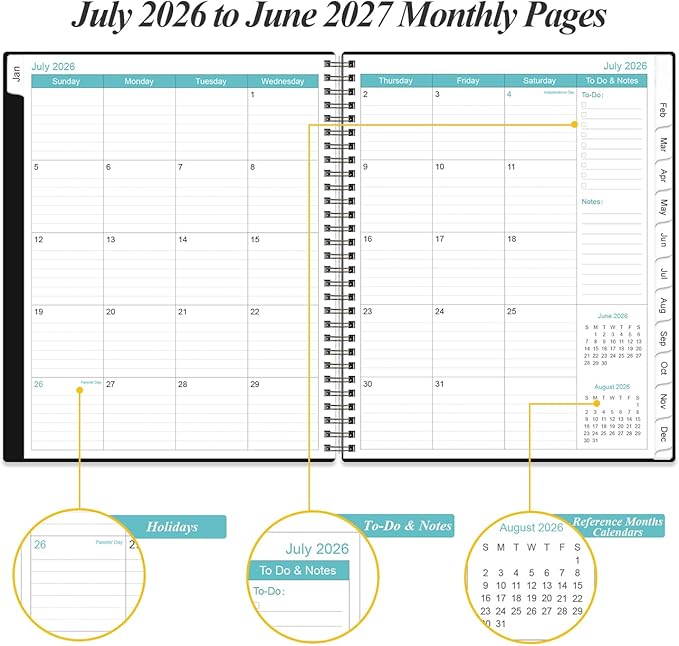 2026-2027 Daily & Monthly Planner - One Page Per Day, Daily Planner from July 2026 - June 2027, Planner 2026-2027 with 12 Monthly Tabs, 8.5" x 11", Black