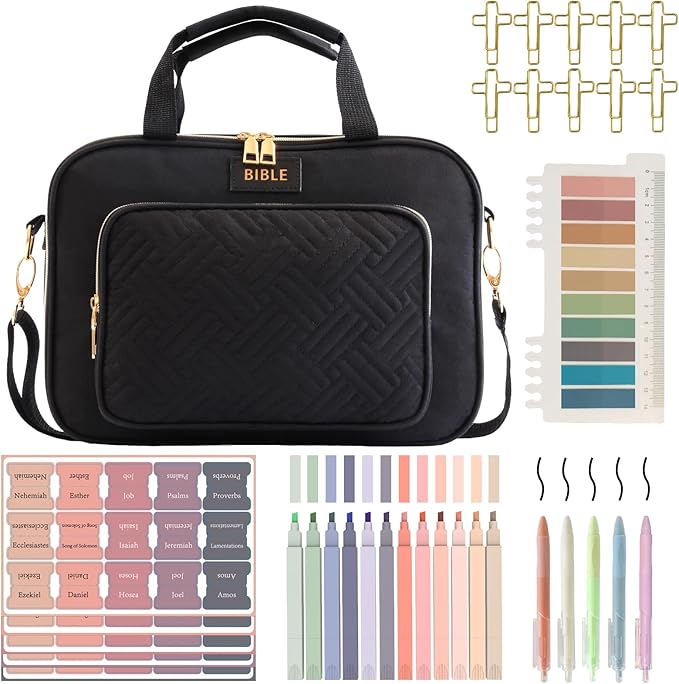 Bible Cover for Women Bible Case, Large Bible Bag, Bible Study Supplies Bible Journaling Kit Book Carrying Case with Bible Highlighters Tabs, Valentines Day Christian Gifts for Women (Black)