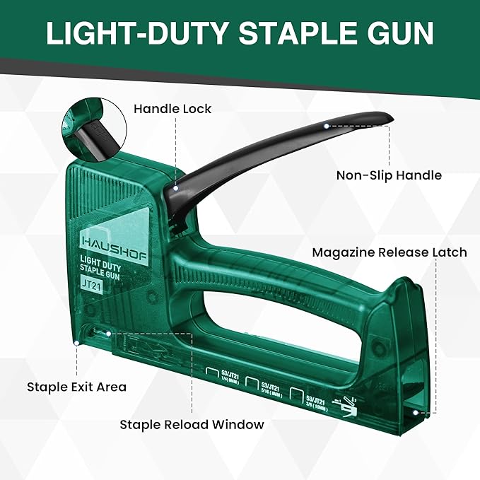 HAUSHOF Light Duty Staple Gun, Upholstery Staple Gun with 800PCS JT21 Staples and Stapler Remover, Fits JT21 Staple of 1/4'', 5/16'' & 3/8'', Used for Wood, Classroom, Crafts, DIY (Green Transparent)