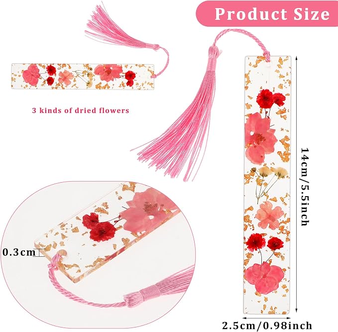 Dimeho Dried Flower Book Marks Tassels Clear Floral Bookmarks Durable Handmade Cute Resin Page Markers Pretty Book Marking Holder Gift for Christmas Bookworms Book Lovers Women(Pink)