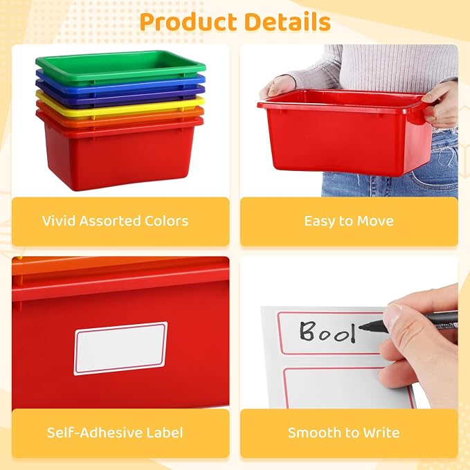 12 Pcs Plastic Cubby Bins with Labels, Plastic Storage Bins and 36 Self-Adhesive Labels, Office Storage Container Assorted Color, Stacking Home Organizer Bin, Classroom Toy Organizing Box