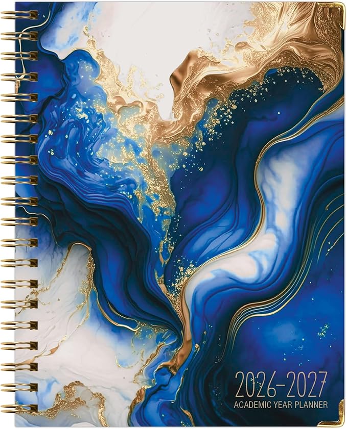 HARDCOVER Academic Year 2026-2027 Planner: 14 Months (May 2026 Through June 2027) 8.5"x 11" Daily Weekly Monthly Planner Yearly Agenda. Bookmark, Pocket Folder and Sticky Note Set (Dark Blue Marble)