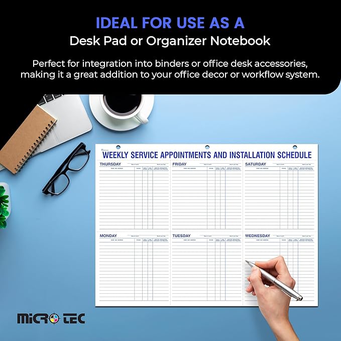 Weekly Service Appointment Schedule Pad 22 x 17 Desk Planner - Installation Scheduling Notepad, Technician Work Schedule Desk Pad, Perforated Office Appointment Log - 2 Pad (52 Sheets Per Pad)