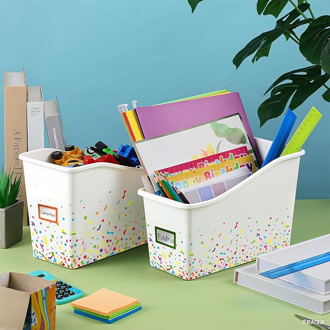 Jinei 24 Pack White Book Bins for Classroom Bulk Confetti Book and Binder Holders with Name Labels Assorted Color Plastic Classroom Organization Basket Box Teacher Storage Bins for Home Office