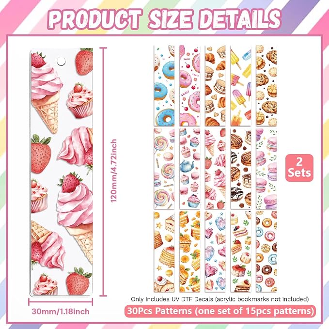 Peacoblue 30pcs UV DTF Bookmarks Transfer Stickers Wraps Dessert for Women Men Reading, Waterproof Bookmarkers Decal(No Blank Bookmarks) for Acrylic Plastic Metal Blank Bookmark