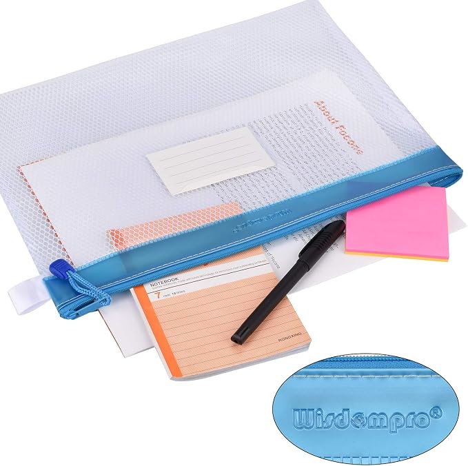 Wisdompro Zipper Pouch, 4 Packs Durable Letter Size Waterproof Mesh File Bag, Document Organizer - Blue