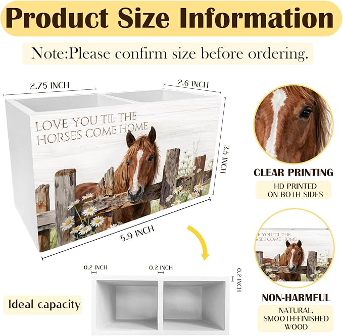 Farmhouse Daisy Horse Pen Holder for Desk, Horse Lover Gifts Pencil Organizer, Love You Til the Horses Come Home Wooden Box Sign Desk Decor for Kids Girls Room Nursery Decoration