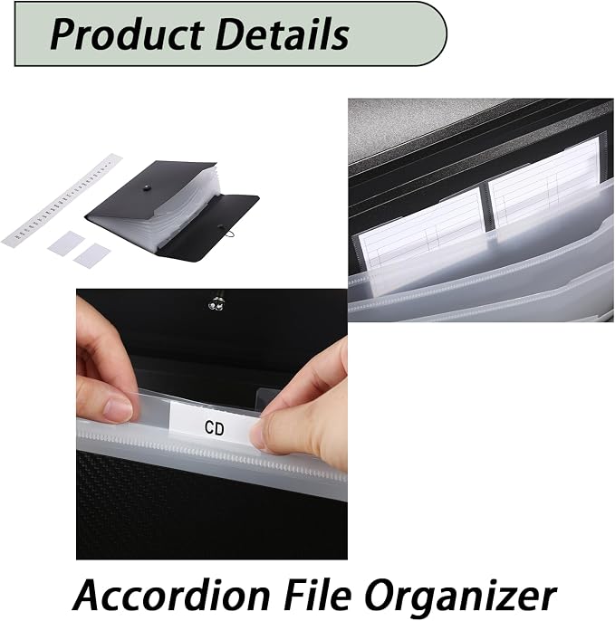 A4 Paper Document Organizer Expanding File Folder with 13 Pockets Accordion File Holder with Tabs for Home School Office, Black Plastic Material
